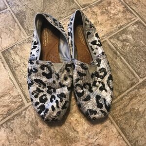 Toms Silver Sequin Leopard Print Slip-On Flats